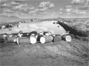 Radioactive Waste barrels after spring melt at Idaho National Lab